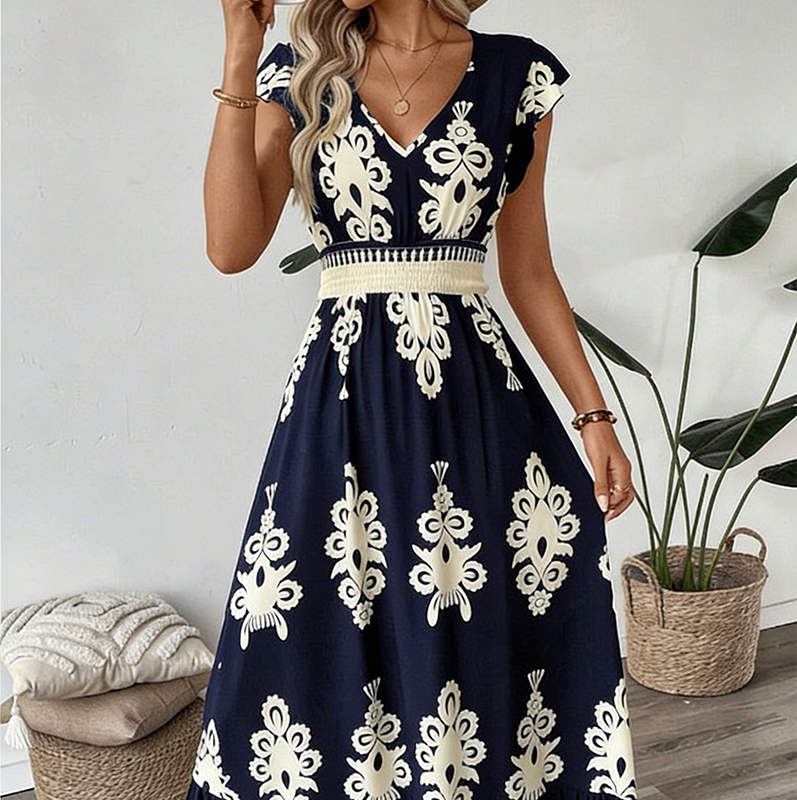 ⏳Time-Limited Special⏰Women's V-Neck Baroque Print Flowy Maxi Dress