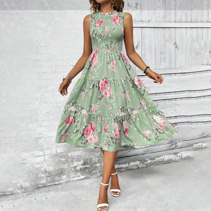 ⏳Time-Limited Special⏰Women’s Sleeveless Floral Print Casual Dress – Smocked Bodice, Tiered Skirt, Midi Length ✨