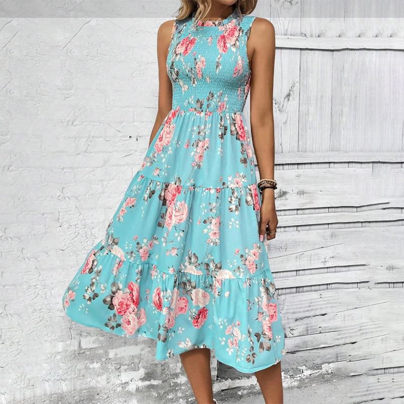 ⏳Time-Limited Special⏰Women’s Sleeveless Floral Print Casual Dress – Smocked Bodice, Tiered Skirt, Midi Length ✨