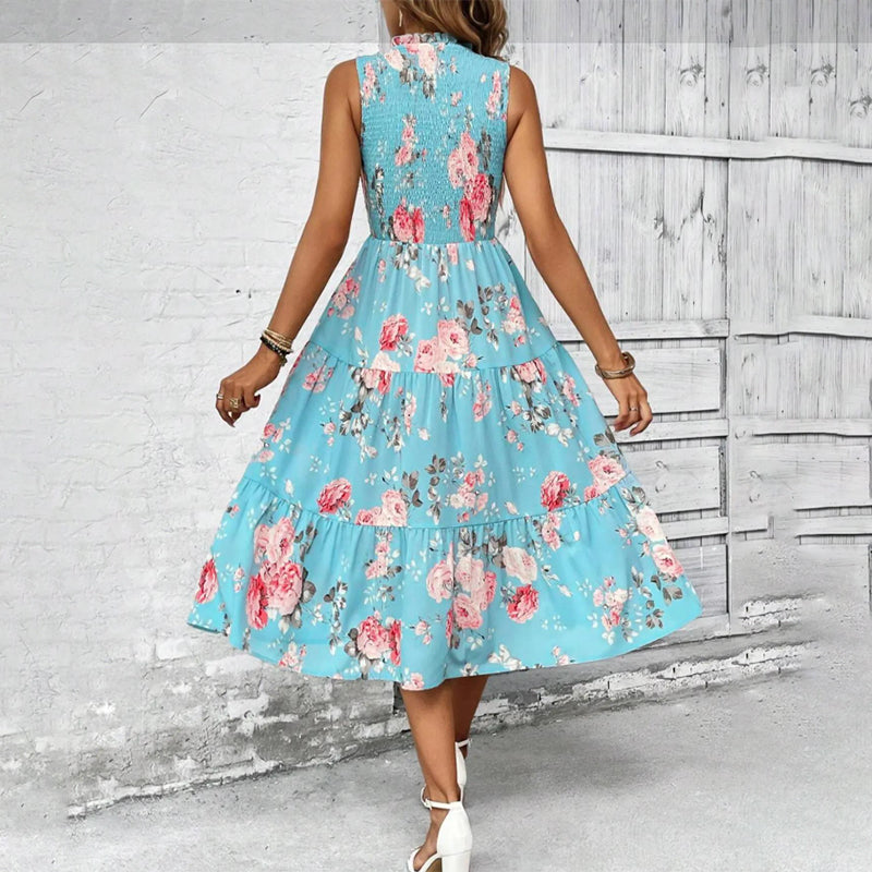 ⏳Time-Limited Special⏰Women’s Sleeveless Floral Print Casual Dress – Smocked Bodice, Tiered Skirt, Midi Length ✨