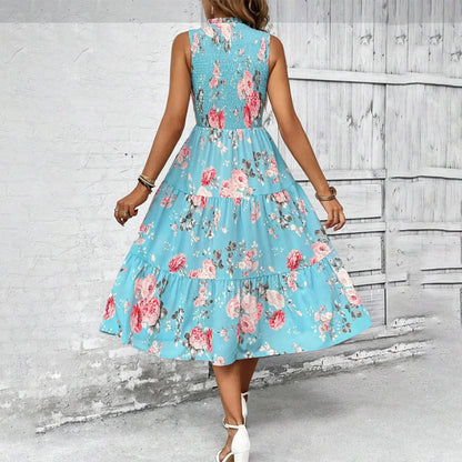 ⏳Time-Limited Special⏰Women’s Sleeveless Floral Print Casual Dress – Smocked Bodice, Tiered Skirt, Midi Length ✨