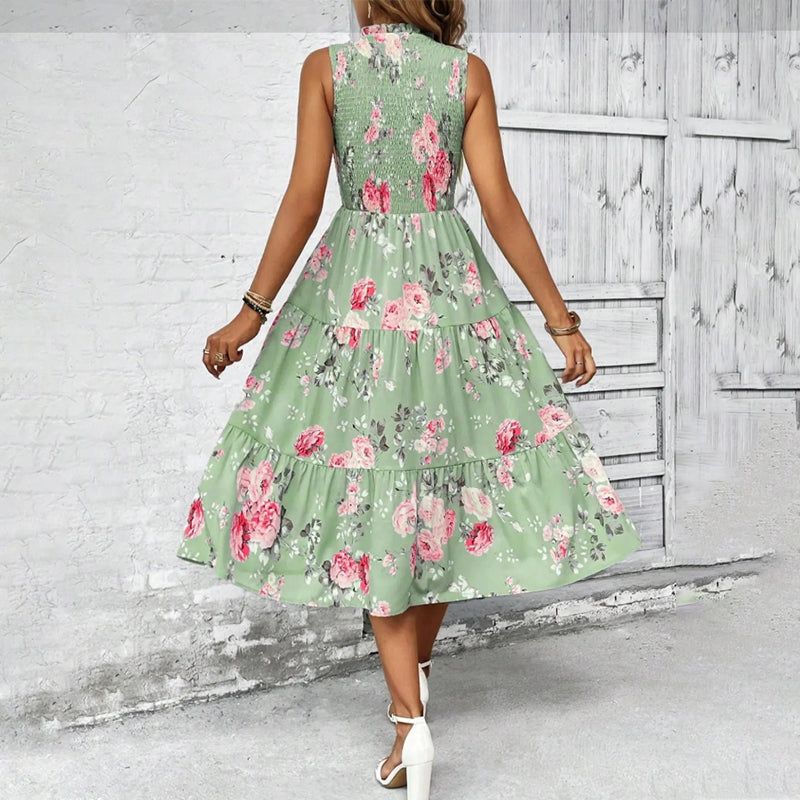 ⏳Time-Limited Special⏰Women’s Sleeveless Floral Print Casual Dress – Smocked Bodice, Tiered Skirt, Midi Length ✨