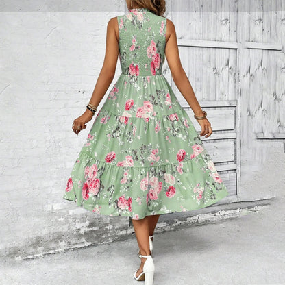 ⏳Time-Limited Special⏰Women’s Sleeveless Floral Print Casual Dress – Smocked Bodice, Tiered Skirt, Midi Length ✨