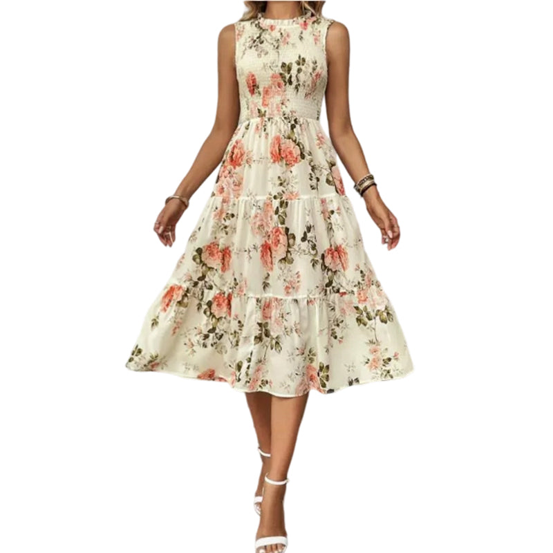 ⏳Time-Limited Special⏰Women’s Sleeveless Floral Print Casual Dress – Smocked Bodice, Tiered Skirt, Midi Length ✨
