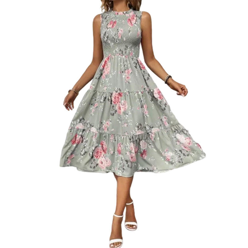 ⏳Time-Limited Special⏰Women’s Sleeveless Floral Print Casual Dress – Smocked Bodice, Tiered Skirt, Midi Length ✨