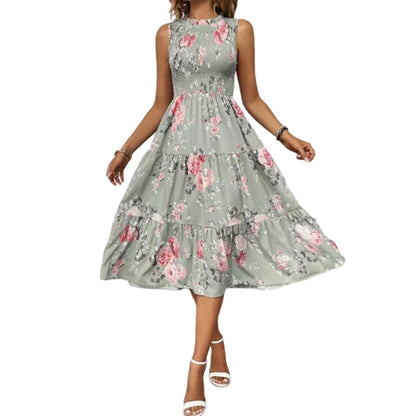 ⏳Time-Limited Special⏰Women’s Sleeveless Floral Print Casual Dress – Smocked Bodice, Tiered Skirt, Midi Length ✨