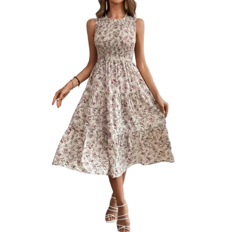 ⏳Time-Limited Special⏰Women’s Sleeveless Floral Print Casual Dress – Smocked Bodice, Tiered Skirt, Midi Length ✨