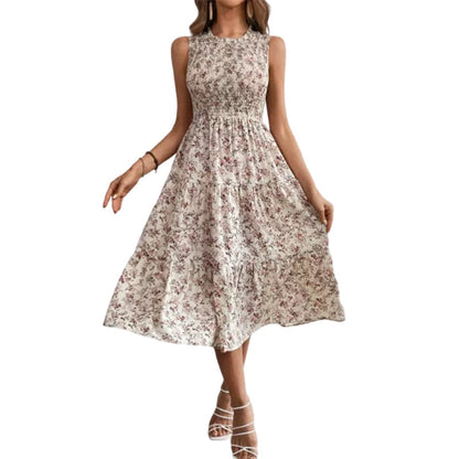 ⏳Time-Limited Special⏰Women’s Sleeveless Floral Print Casual Dress – Smocked Bodice, Tiered Skirt, Midi Length ✨