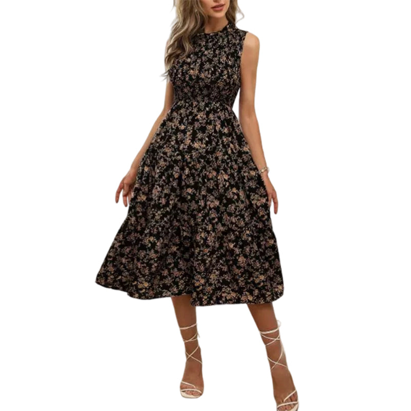 ⏳Time-Limited Special⏰Women’s Sleeveless Floral Print Casual Dress – Smocked Bodice, Tiered Skirt, Midi Length ✨