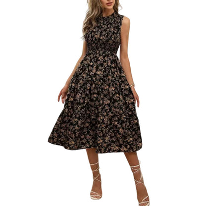 ⏳Time-Limited Special⏰Women’s Sleeveless Floral Print Casual Dress – Smocked Bodice, Tiered Skirt, Midi Length ✨