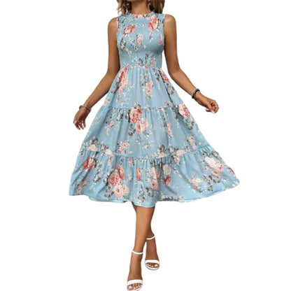 ⏳Time-Limited Special⏰Women’s Sleeveless Floral Print Casual Dress – Smocked Bodice, Tiered Skirt, Midi Length ✨