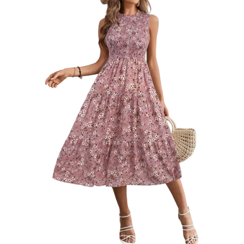 ⏳Time-Limited Special⏰Women’s Sleeveless Floral Print Casual Dress – Smocked Bodice, Tiered Skirt, Midi Length ✨