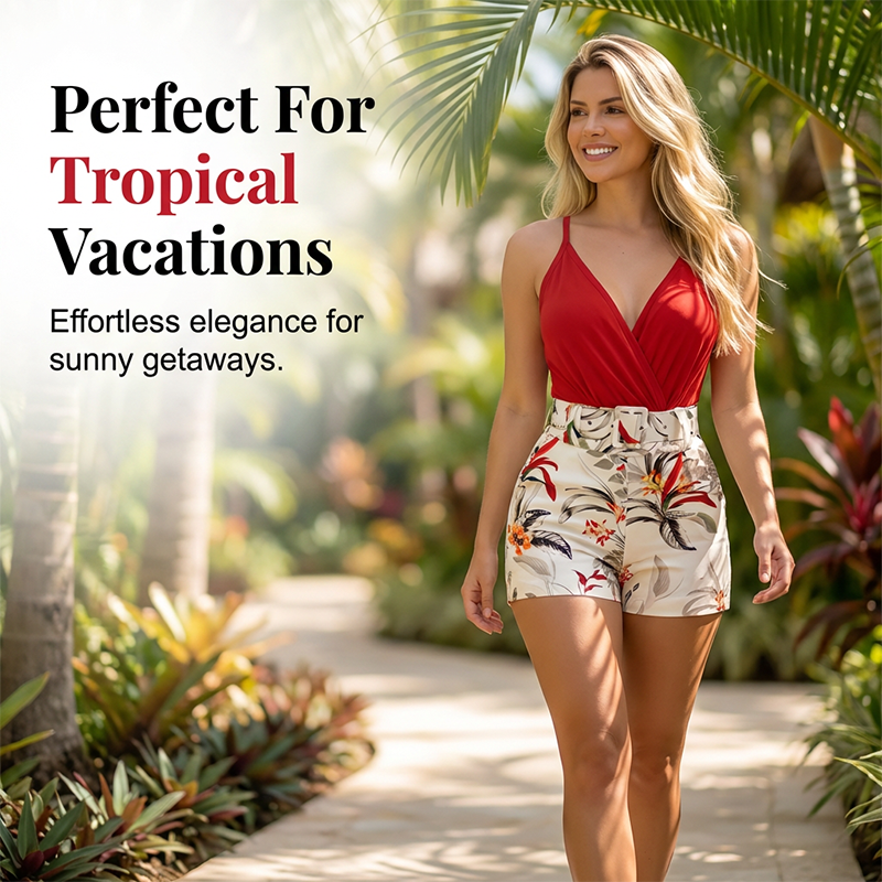 ⏳Time-Limited Special⏰V-Neck & High-Waist Shorts Set – Tropical Print – 2-Piece Vacation Outfit 💃