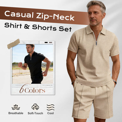 ⏳Time-Limited Special⏰Zip-Neck Shirt & Shorts Set – Casual, Summer, Waffle Knit ✨