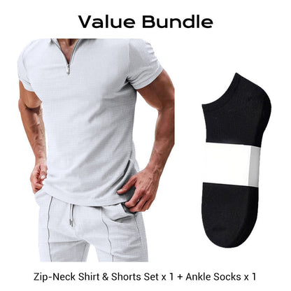 ⏳Time-Limited Special⏰Zip-Neck Shirt & Shorts Set – Casual, Summer, Waffle Knit ✨