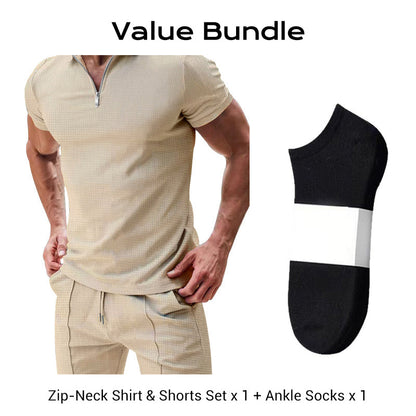⏳Time-Limited Special⏰Zip-Neck Shirt & Shorts Set – Casual, Summer, Waffle Knit ✨