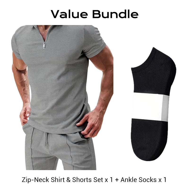 ⏳Time-Limited Special⏰Zip-Neck Shirt & Shorts Set – Casual, Summer, Waffle Knit ✨