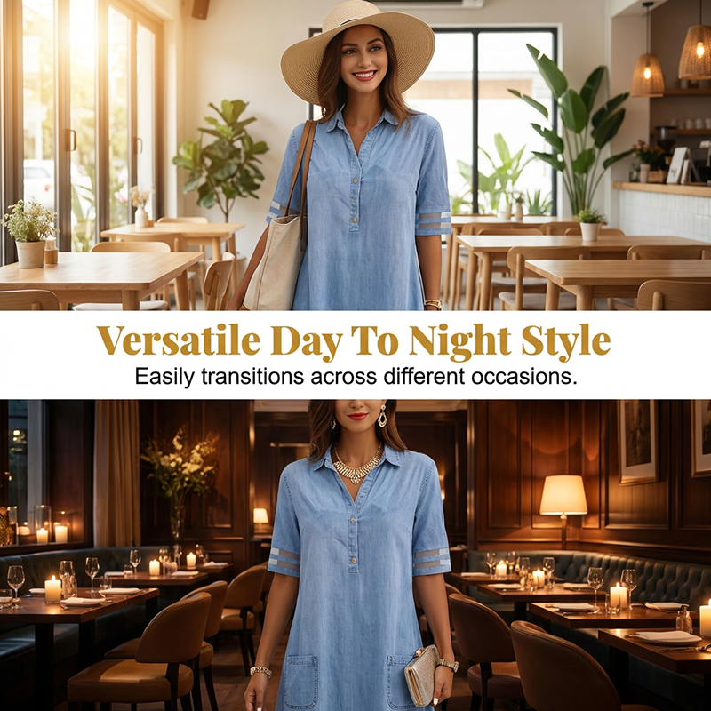 ⏳Time-Limited Special⏰Relaxed Fit A-Line Denim Dress with Mesh Sleeve Detail