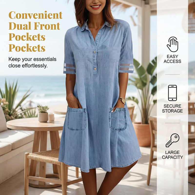 ⏳Time-Limited Special⏰Relaxed Fit A-Line Denim Dress with Mesh Sleeve Detail