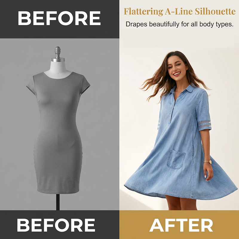 ⏳Time-Limited Special⏰Relaxed Fit A-Line Denim Dress with Mesh Sleeve Detail