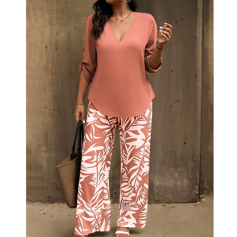 ⏳Time-Limited Special⏰Women's V-Neck Blouse & Printed Wide-Leg Pants Set