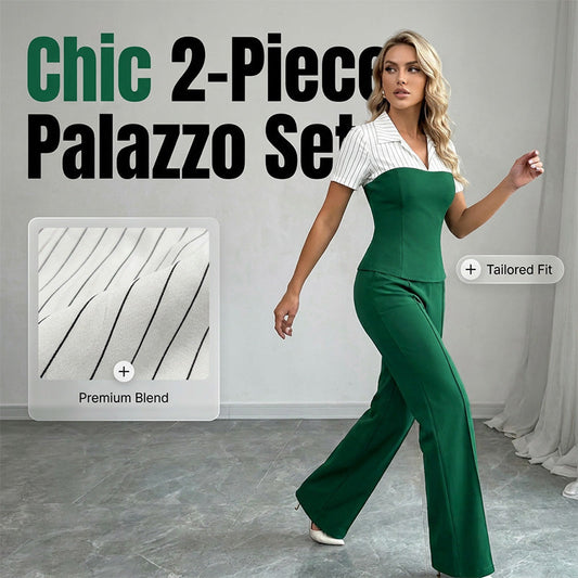 ⏳Time-Limited Special⏰Striped Lapel Set – Tee & Palazzo Pants, V-Neck, Flowing, Elegant 🍂