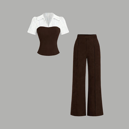 ⏳Time-Limited Special⏰Striped Lapel Set – Tee & Palazzo Pants, V-Neck, Flowing, Elegant 🍂