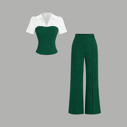 ⏳Time-Limited Special⏰Striped Lapel Set – Tee & Palazzo Pants, V-Neck, Flowing, Elegant 🍂