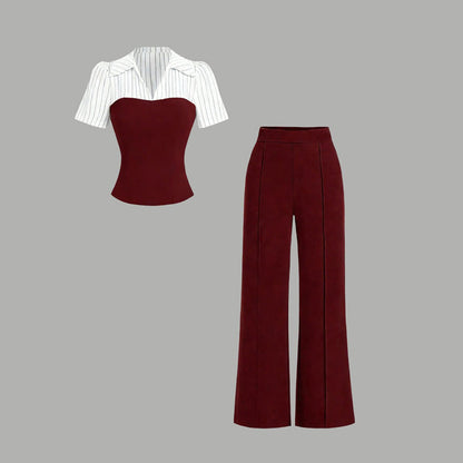 ⏳Time-Limited Special⏰Striped Lapel Set – Tee & Palazzo Pants, V-Neck, Flowing, Elegant 🍂