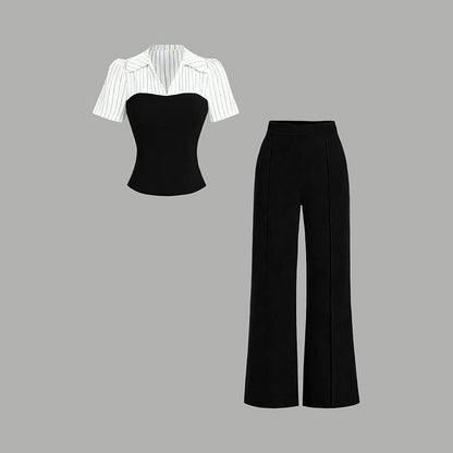 ⏳Time-Limited Special⏰Striped Lapel Set – Tee & Palazzo Pants, V-Neck, Flowing, Elegant 🍂