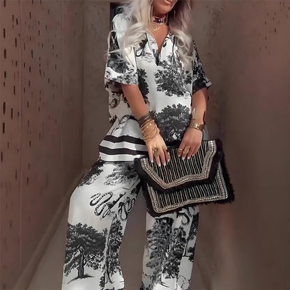 ⏳Time-Limited Special⏰Women's Casual Printed V-Neck Set – Soft & Breathable – V-Neck Top & Long Pants 🍃