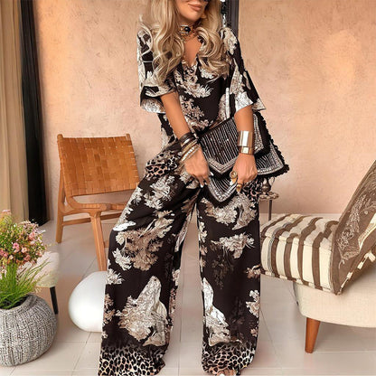 ⏳Time-Limited Special⏰Women's Casual Printed V-Neck Set – Soft & Breathable – V-Neck Top & Long Pants 🍃