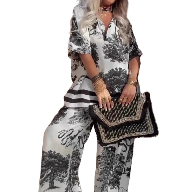 ⏳Time-Limited Special⏰Women's Casual Printed V-Neck Set – Soft & Breathable – V-Neck Top & Long Pants 🍃