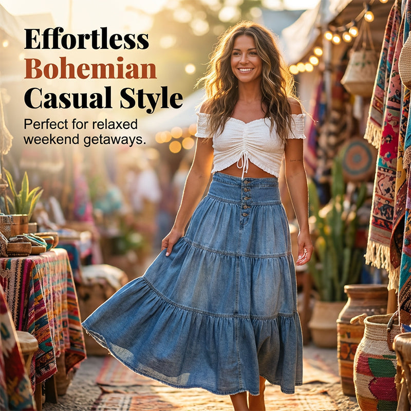 ⏳Time-Limited Special⏰Women's High Waisted Tiered A-Line Denim Maxi Skirt