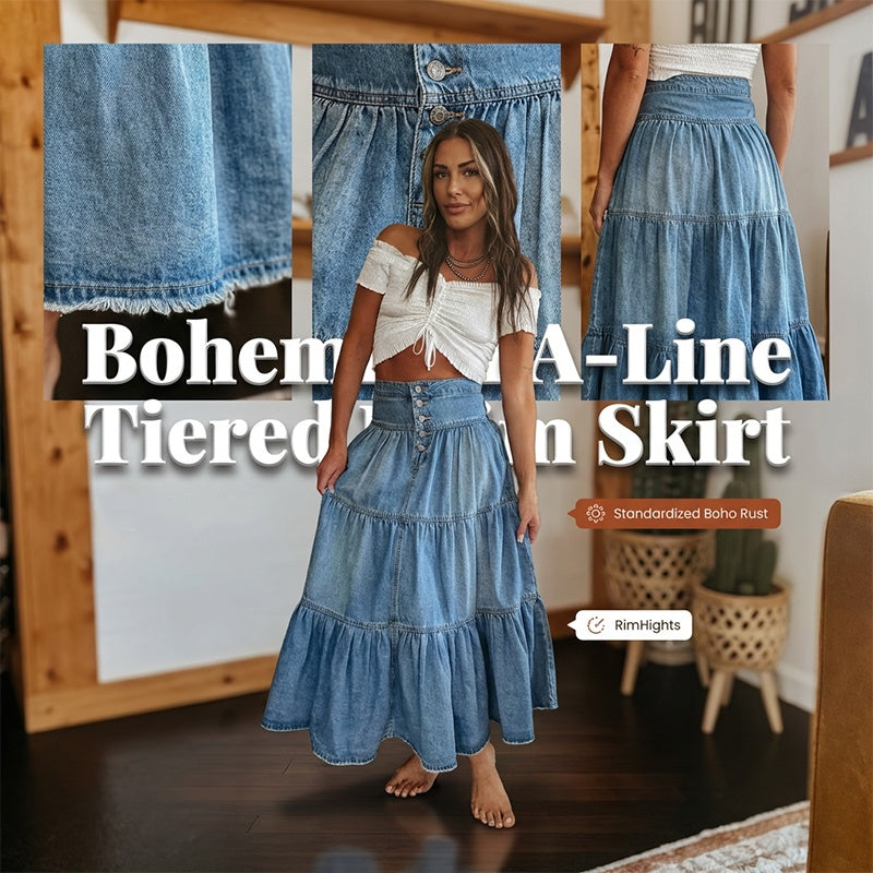 ⏳Time-Limited Special⏰Women's High Waisted Tiered A-Line Denim Maxi Skirt
