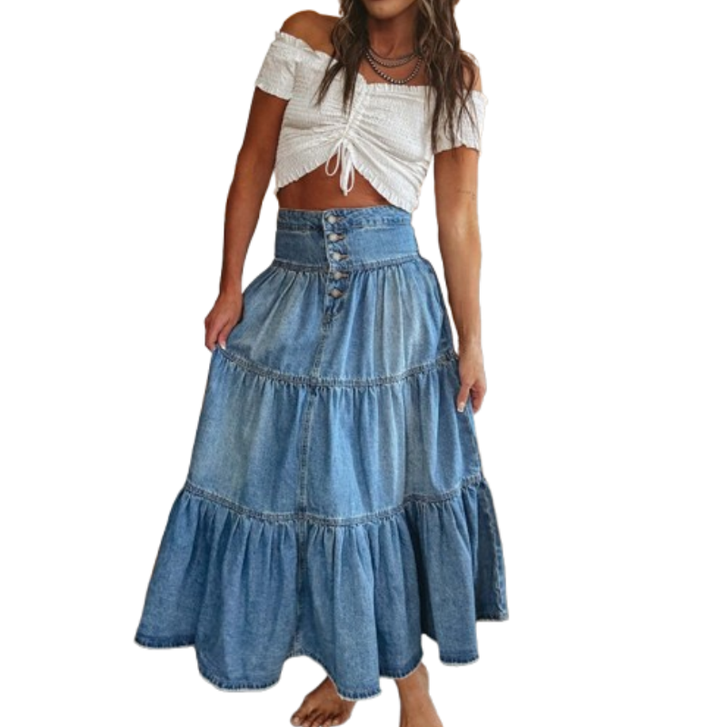 ⏳Time-Limited Special⏰Women's High Waisted Tiered A-Line Denim Maxi Skirt