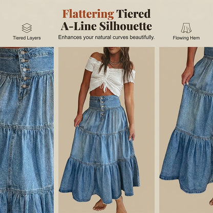 ⏳Time-Limited Special⏰Women's High Waisted Tiered A-Line Denim Maxi Skirt
