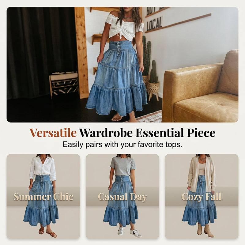 ⏳Time-Limited Special⏰Women's High Waisted Tiered A-Line Denim Maxi Skirt