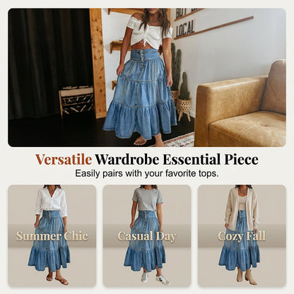 ⏳Time-Limited Special⏰Women's High Waisted Tiered A-Line Denim Maxi Skirt