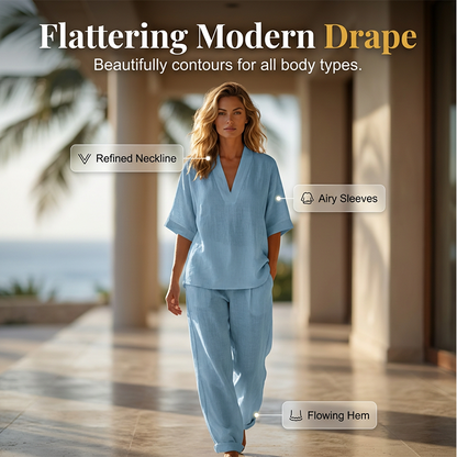 ⏳Time-Limited Special⏰ Women's Casual V-Neck Top & Wide-Leg Trousers Set – Soft & Breathable for Summer, Work or Resort 🌸