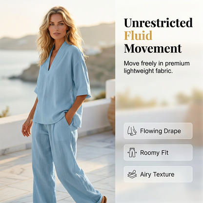 ⏳Time-Limited Special⏰ Women's Casual V-Neck Top & Wide-Leg Trousers Set – Soft & Breathable for Summer, Work or Resort 🌸