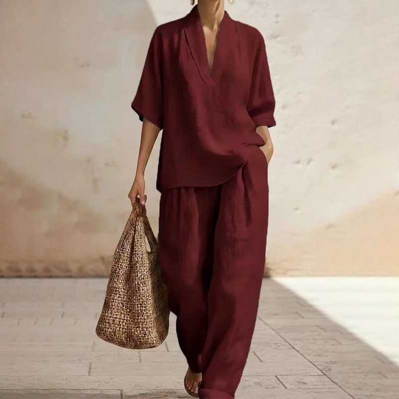 ⏳Time-Limited Special⏰ Women's Casual V-Neck Top & Wide-Leg Trousers Set – Soft & Breathable for Summer, Work or Resort 🌸