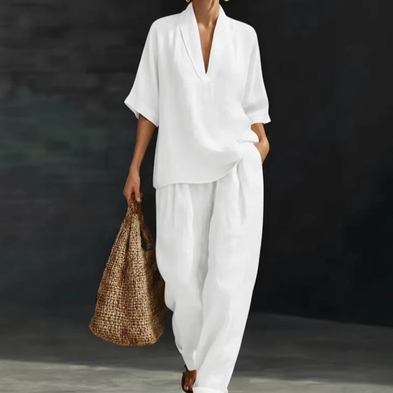 ⏳Time-Limited Special⏰ Women's Casual V-Neck Top & Wide-Leg Trousers Set – Soft & Breathable for Summer, Work or Resort 🌸