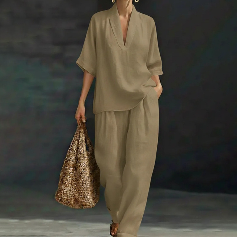 ⏳Time-Limited Special⏰ Women's Casual V-Neck Top & Wide-Leg Trousers Set – Soft & Breathable for Summer, Work or Resort 🌸
