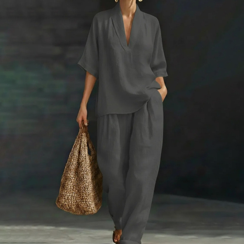 ⏳Time-Limited Special⏰ Women's Casual V-Neck Top & Wide-Leg Trousers Set – Soft & Breathable for Summer, Work or Resort 🌸