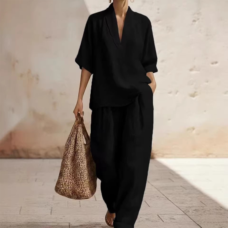 ⏳Time-Limited Special⏰ Women's Casual V-Neck Top & Wide-Leg Trousers Set – Soft & Breathable for Summer, Work or Resort 🌸