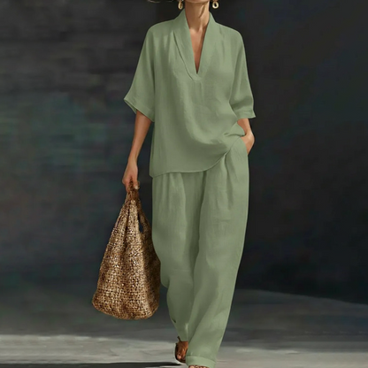 ⏳Time-Limited Special⏰ Women's Casual V-Neck Top & Wide-Leg Trousers Set – Soft & Breathable for Summer, Work or Resort 🌸