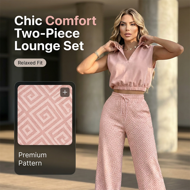 ⏳Time-Limited Special⏰Women's Two-Piece Lounge Set – Collared Crop Top & Wide-Leg Pants – Drawstring & Breathable – Chic Casual Outfit 👖
