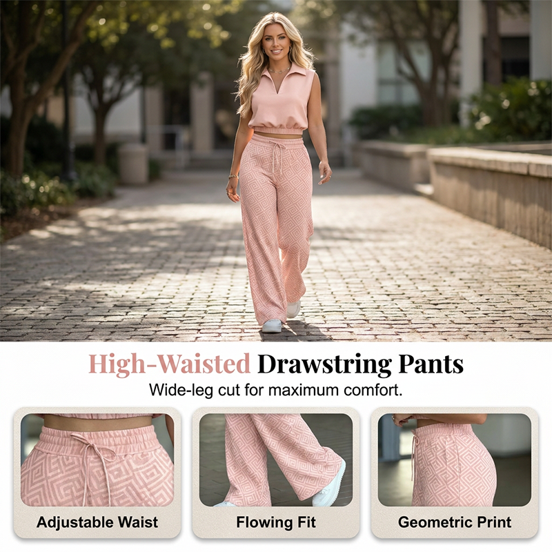 ⏳Time-Limited Special⏰Women's Two-Piece Lounge Set – Collared Crop Top & Wide-Leg Pants – Drawstring & Breathable – Chic Casual Outfit 👖
