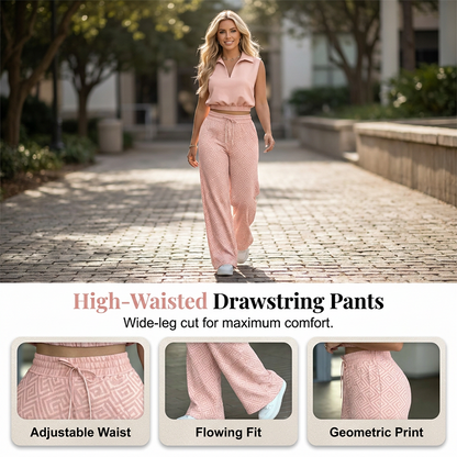 ⏳Time-Limited Special⏰Women's Two-Piece Lounge Set – Collared Crop Top & Wide-Leg Pants – Drawstring & Breathable – Chic Casual Outfit 👖